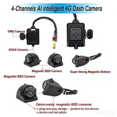 フロント・リア・ダッシュ・カメラ 4CH ADAS DMS オートビデオ・レコーダー 4G GPS WIFI トラック用磁気カメラ