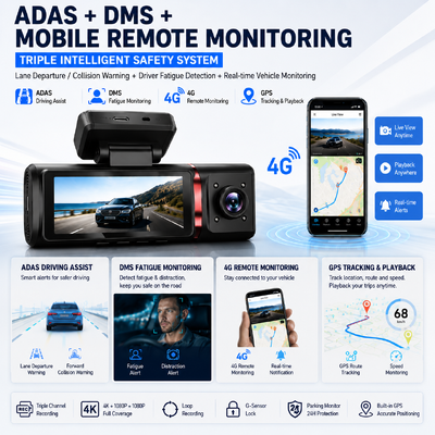 3チャネルAI 4Gダッシュカメラ 4Kフロント,ADAS&DMS,GPS追跡,24/7駐車モニター