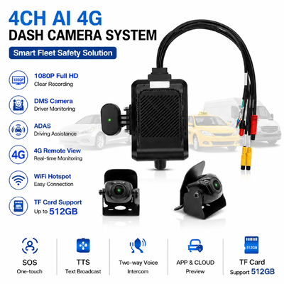 4チャネルAI インテリジェント4Gダッシュカメラ,ADAS + DMS + BSDアクティブセーフティ,1080P+720P タクシー記録