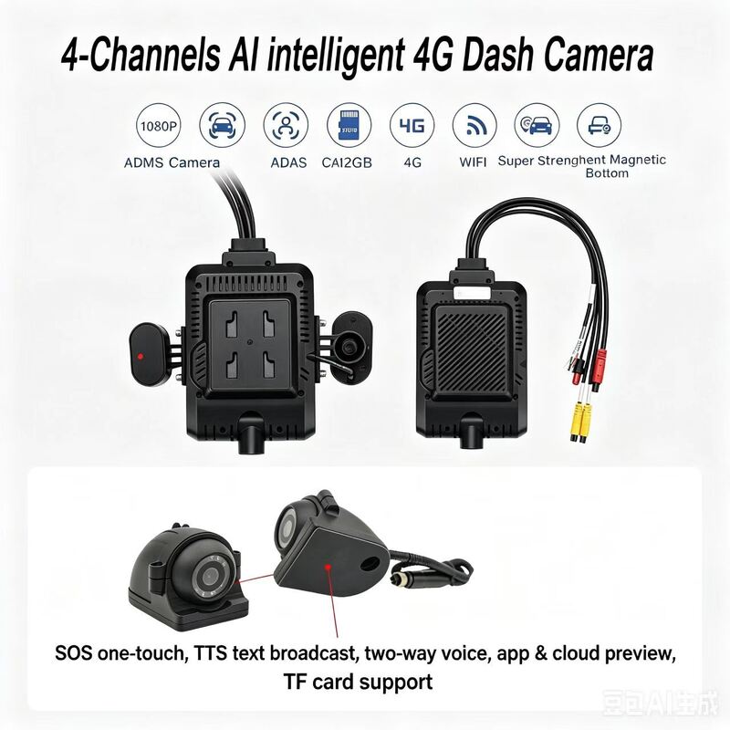 フロント・リア・ダッシュ・カメラ 4CH ADAS DMS オートビデオ・レコーダー 4G GPS WIFI トラック用磁気カメラ