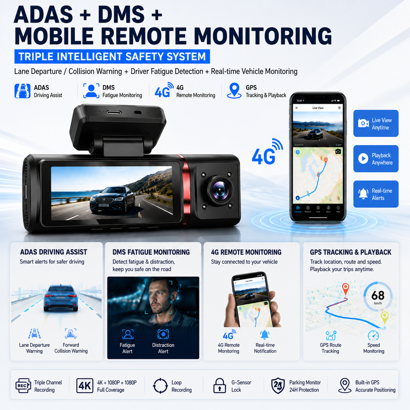 3チャネルAI 4Gダッシュカメラ 4Kフロント,ADAS&DMS,GPS追跡,24/7駐車モニター