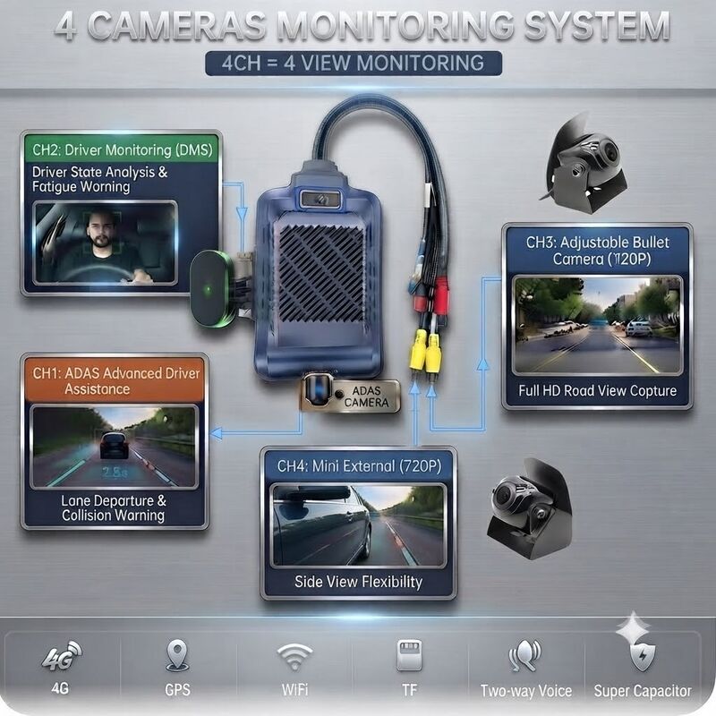 4チャネルAI インテリジェント4Gダッシュカメラ,ADAS + DMS + BSDアクティブセーフティ,1080P+720P タクシー記録